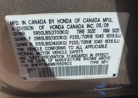 2006 Honda Pilot Ex from USA, damaged, VIN 2HKYF18496H550503